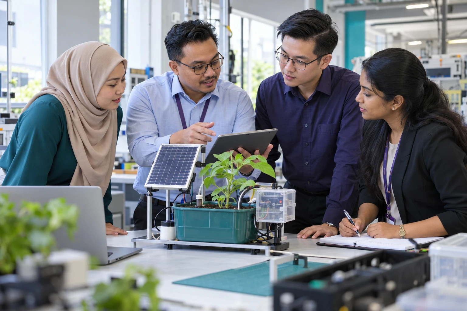 Illustrative TVET researchers reviewing a solar-powered smart irrigation prototype